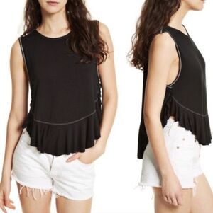 Free People Uptown Tank Top Sleeveless Curved Asymmetric Ruffle Hem Black Sm NWT